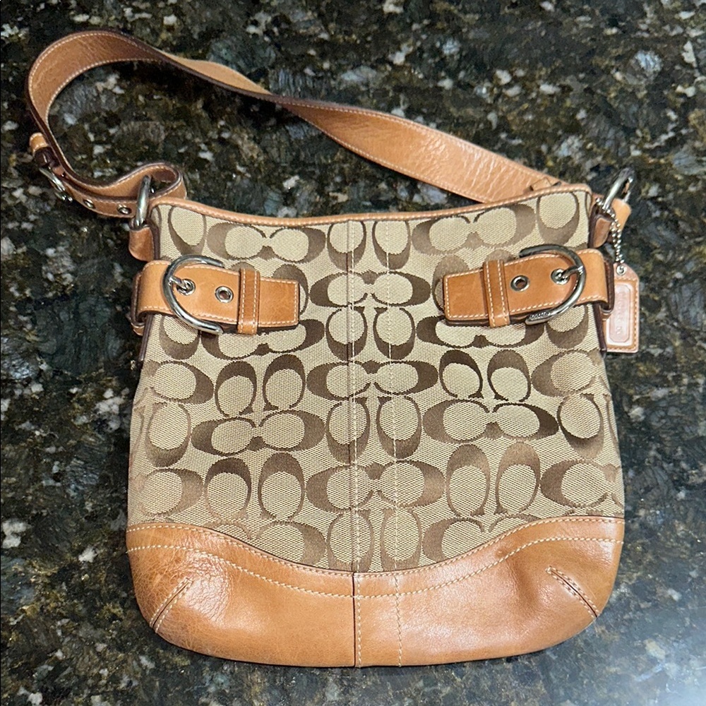 Coach Brown and Tan Signature Shoulder Bag with Leather Trim
